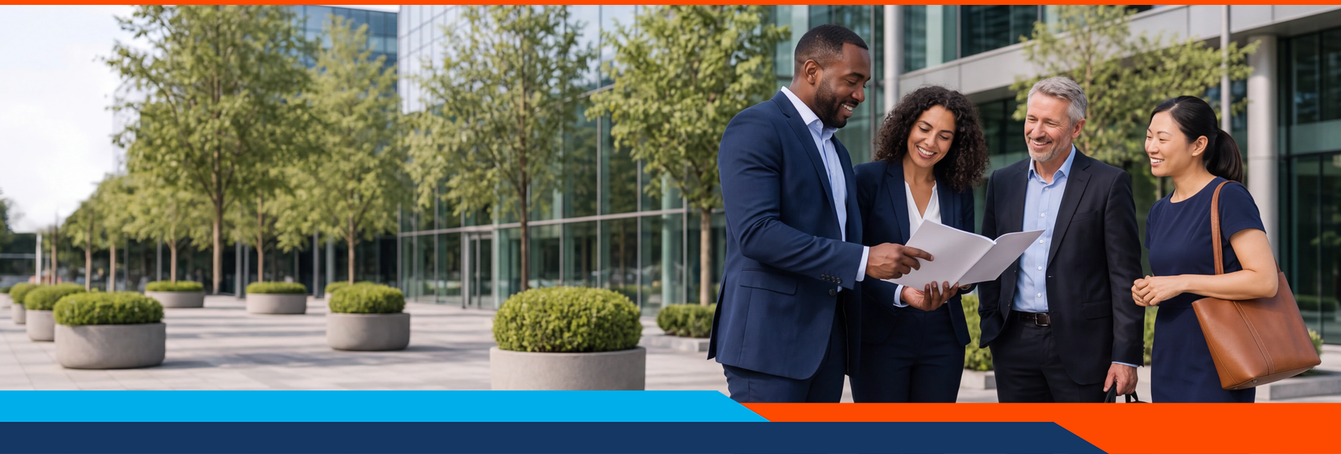 Four business professionals reviewing documents together outside a modern glass office building